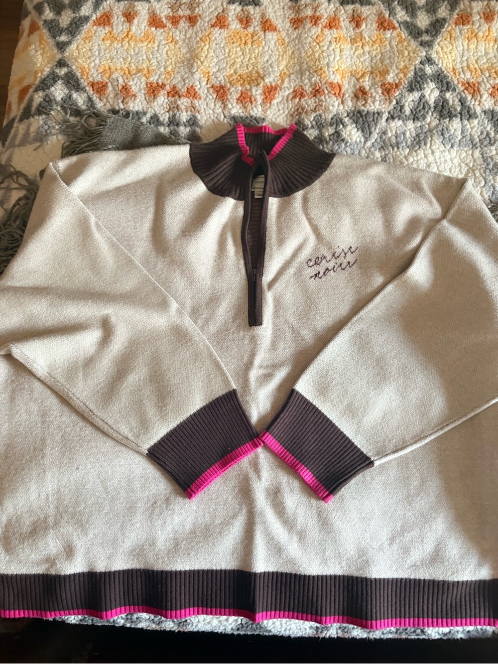 Anthropologie Cherry Cream Pullover Sweater with Brown and Pink Trim. NWOT